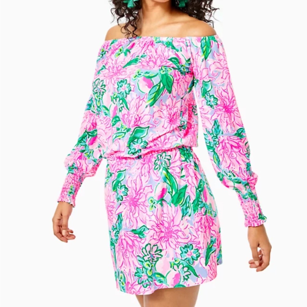 Lilly Pulitzer Pink and Green Floral Off-Shoulder Dress